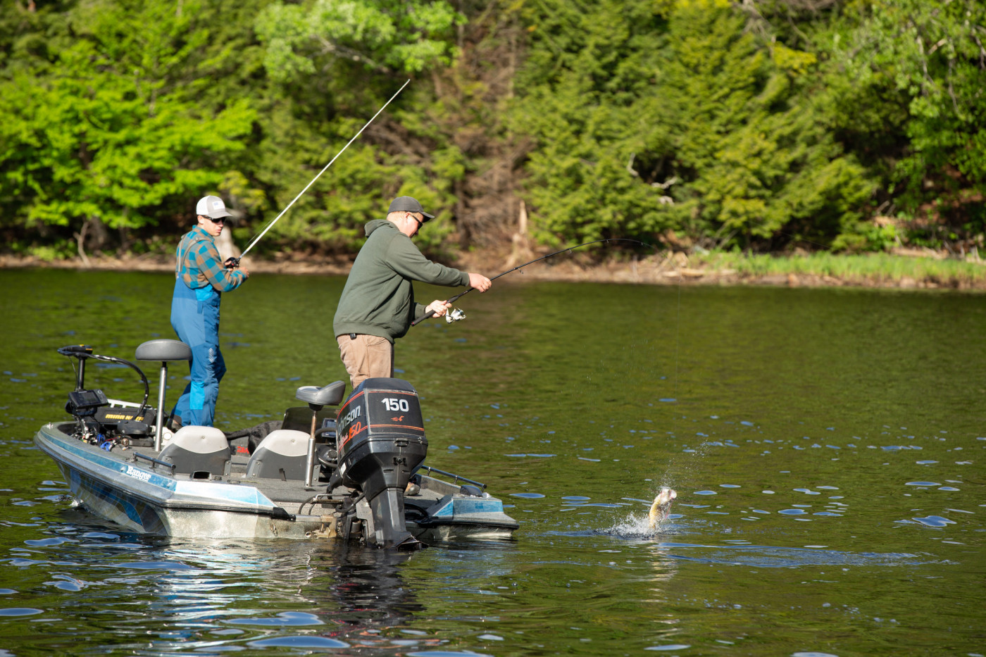 Two fishermen reel in a bass caught from a boat.